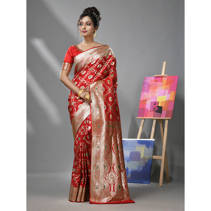 CHARUKRITI Red Silk Banarasi Saree with Meenakari Designs & Unstitched Blouse