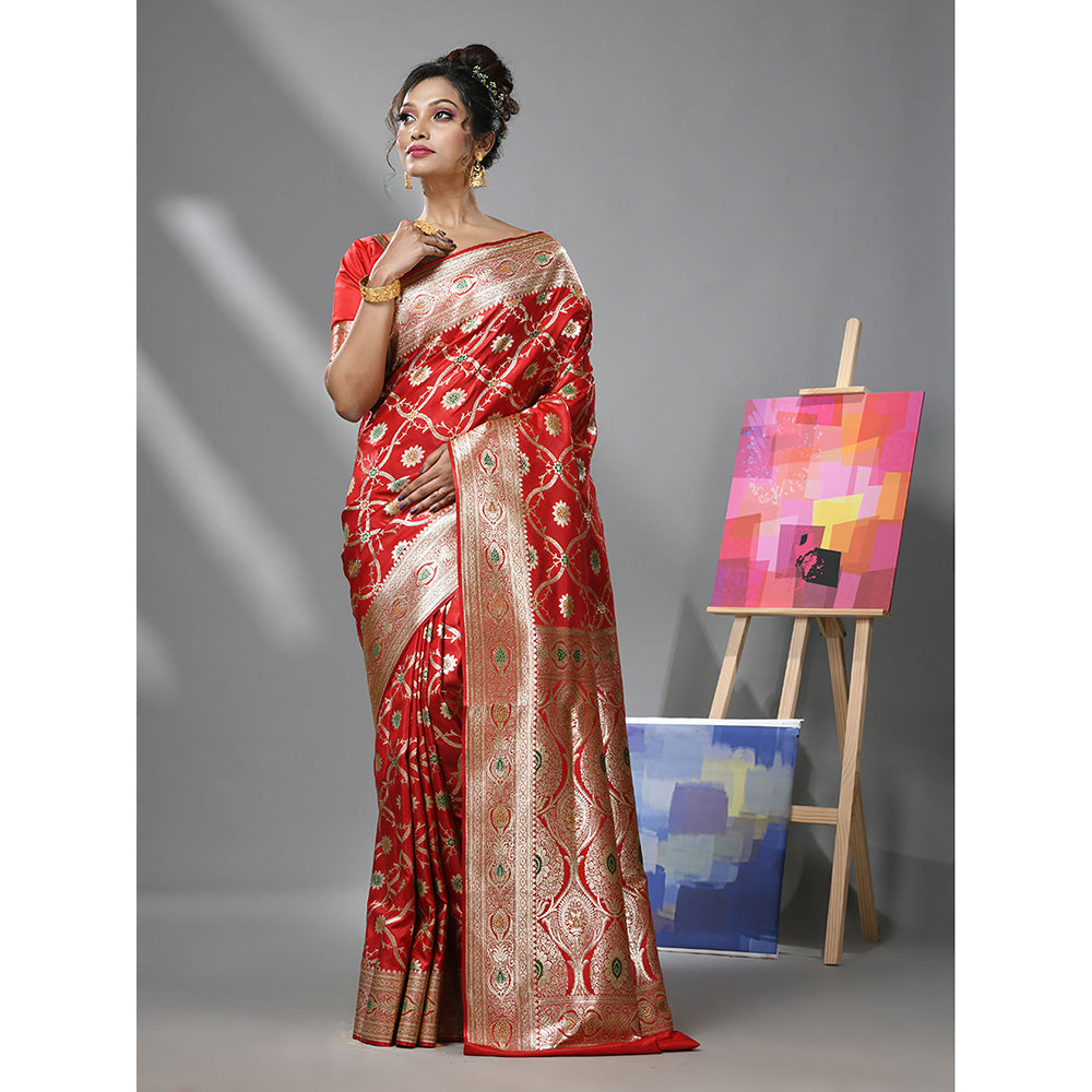 CHARUKRITI Red Silk Banarasi Saree with Meenakari Designs & Unstitched Blouse