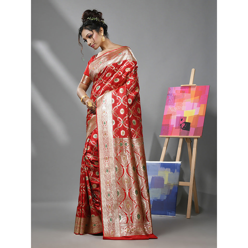 CHARUKRITI Red Silk Banarasi Saree with Meenakari Designs & Unstitched Blouse