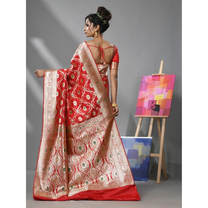 CHARUKRITI Red Silk Banarasi Saree with Meenakari Designs & Unstitched Blouse