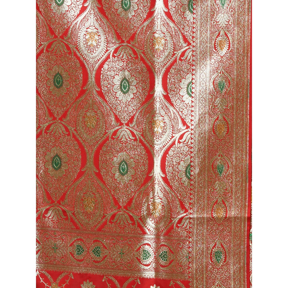 CHARUKRITI Red Silk Banarasi Saree with Meenakari Designs & Unstitched Blouse