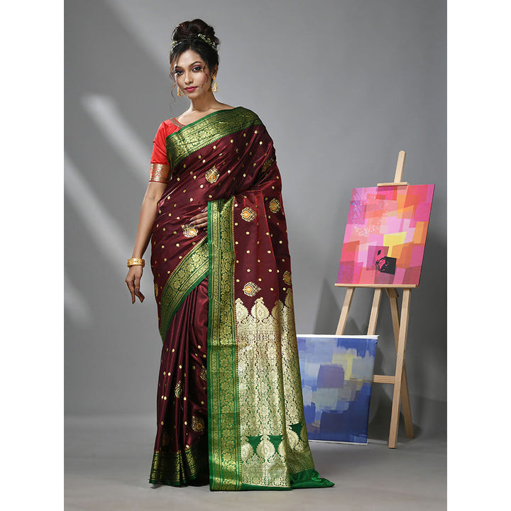 CHARUKRITI Maroon Silk Banarasi Saree with Woven Designs & Unstitched Blouse