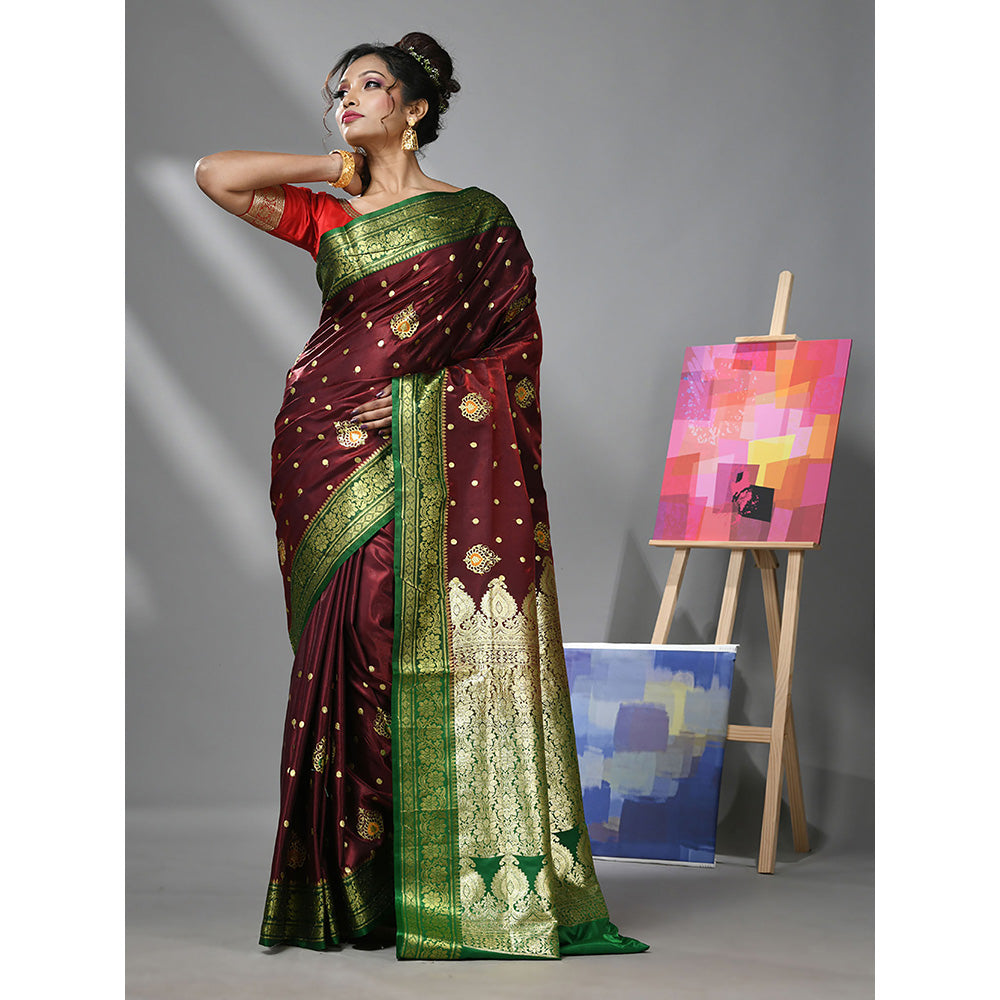 CHARUKRITI Maroon Silk Banarasi Saree with Woven Designs & Unstitched Blouse