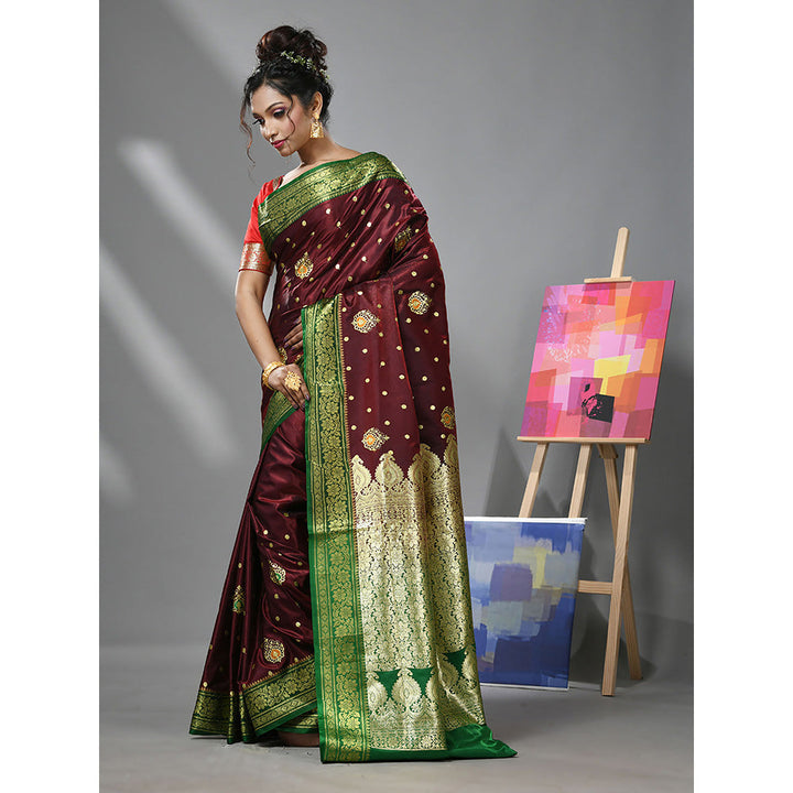 CHARUKRITI Maroon Silk Banarasi Saree with Woven Designs & Unstitched Blouse