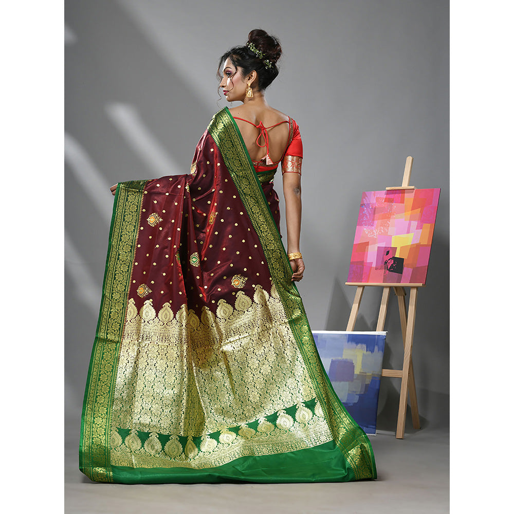 CHARUKRITI Maroon Silk Banarasi Saree with Woven Designs & Unstitched Blouse