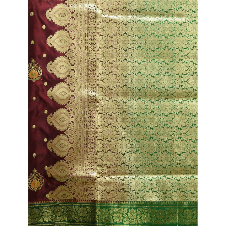 CHARUKRITI Maroon Silk Banarasi Saree with Woven Designs & Unstitched Blouse