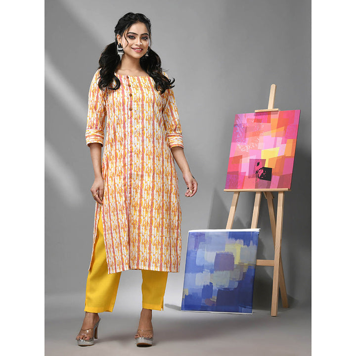 CHARUKRITI White and Yellow Cotton Printed Kurta with Pant (Set of 2)