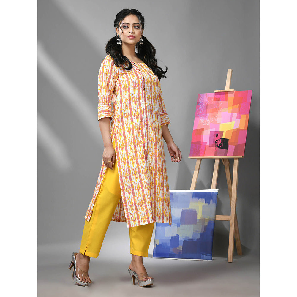 CHARUKRITI White and Yellow Cotton Printed Kurta with Pant (Set of 2)