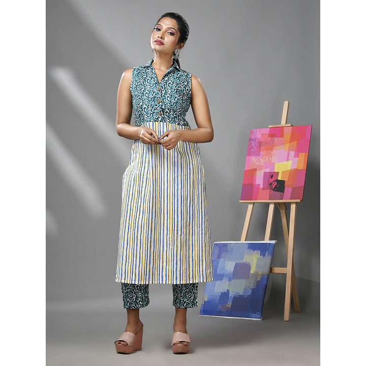 CHARUKRITI White and Teal Cotton Floral Print Stripes Kurta with Pant (Set of 2)