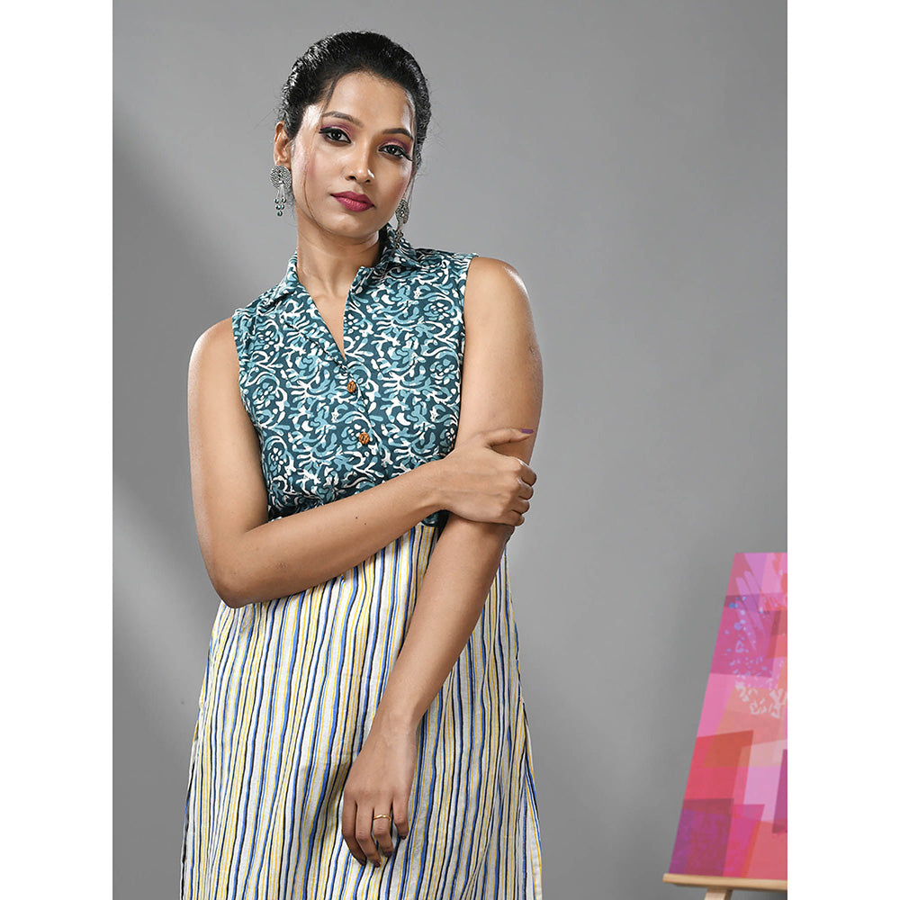 CHARUKRITI White and Teal Cotton Floral Print Stripes Kurta with Pant (Set of 2)