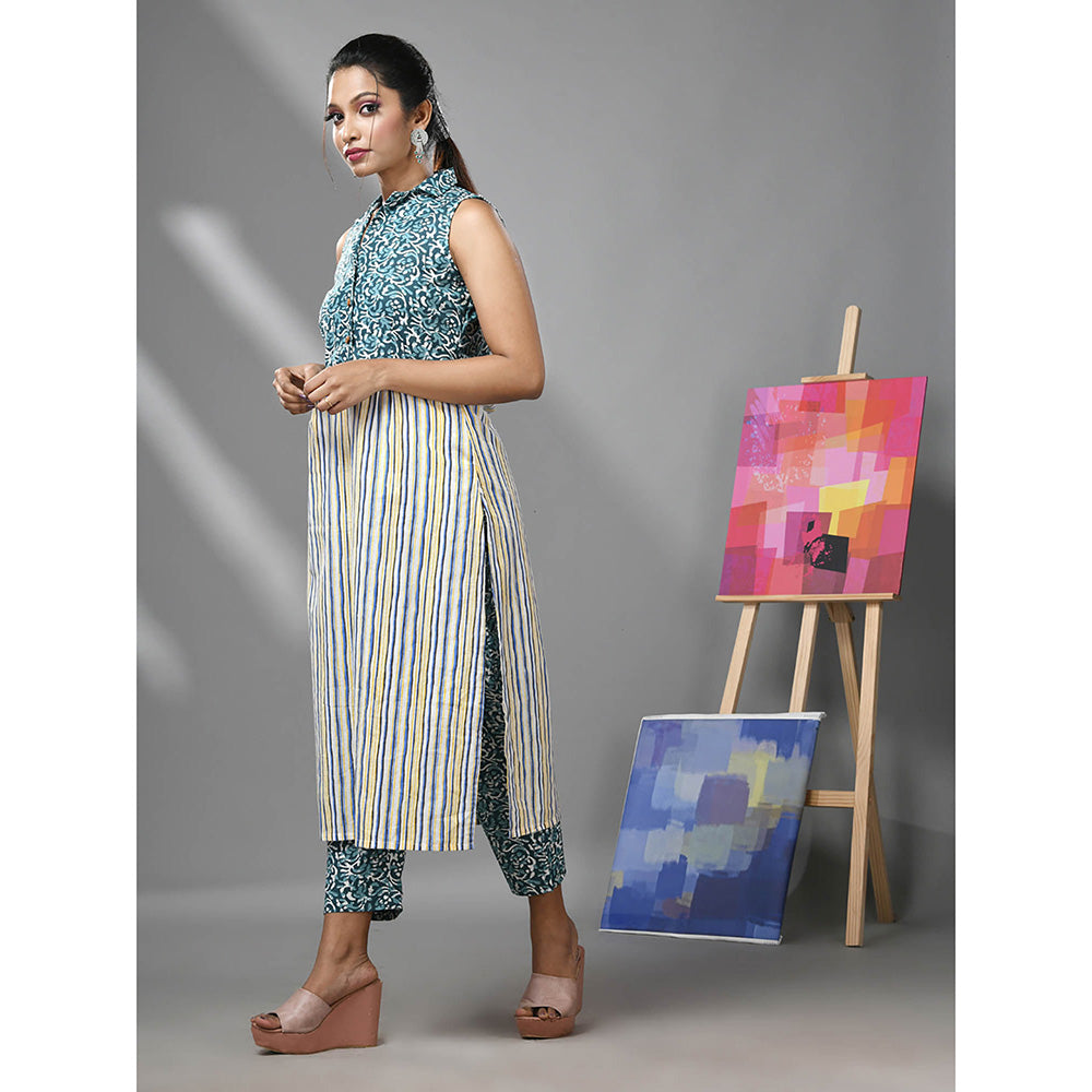 CHARUKRITI White and Teal Cotton Floral Print Stripes Kurta with Pant (Set of 2)