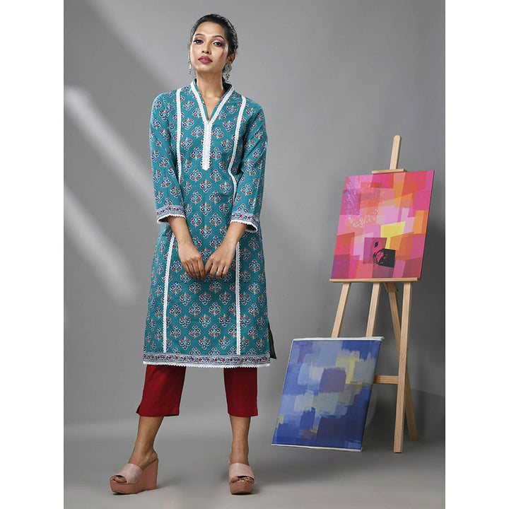 CHARUKRITI Sea Green Cotton Floral Print with Lace Kurta and Pant (Set of 2)