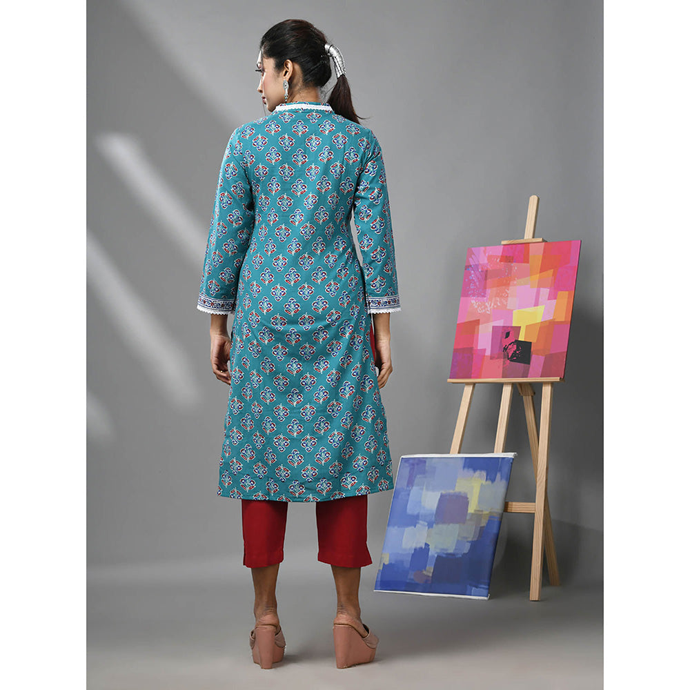 CHARUKRITI Sea Green Cotton Floral Print with Lace Kurta and Pant (Set of 2)