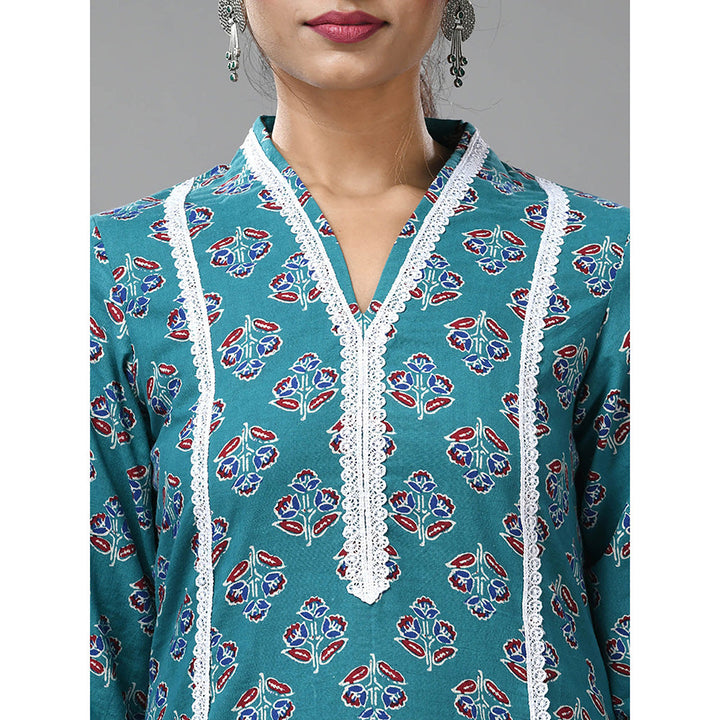 CHARUKRITI Sea Green Cotton Floral Print with Lace Kurta and Pant (Set of 2)