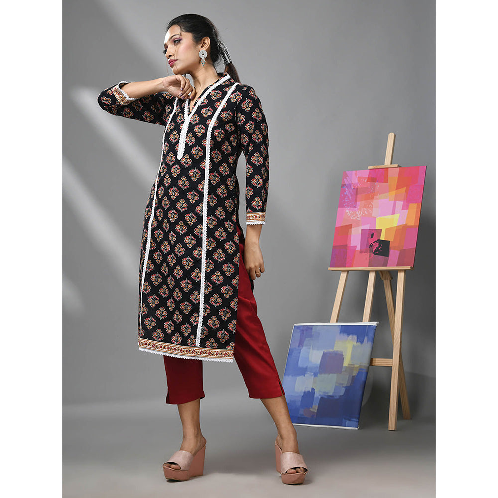 CHARUKRITI Black Cotton Floral Print with Lace Kurta and Pant (Set of 2)