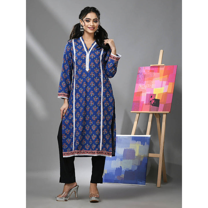 CHARUKRITI Blue Cotton Floral Print with Lace Kurta and Pant (Set of 2)