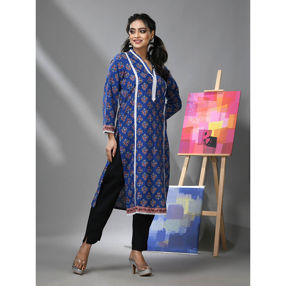 CHARUKRITI Blue Cotton Floral Print with Lace Kurta and Pant (Set of 2)