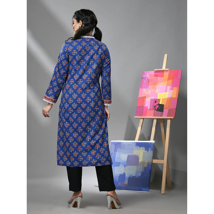 CHARUKRITI Blue Cotton Floral Print with Lace Kurta and Pant (Set of 2)