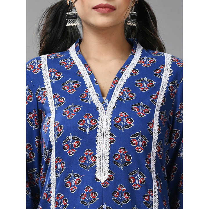 CHARUKRITI Blue Cotton Floral Print with Lace Kurta and Pant (Set of 2)