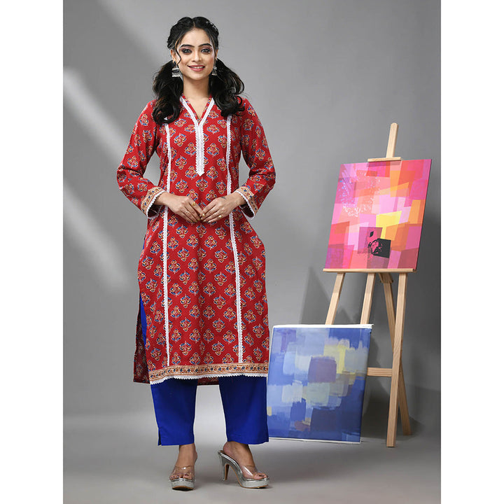 CHARUKRITI Red Cotton Floral Print with Lace Kurta and Pant (Set of 2)