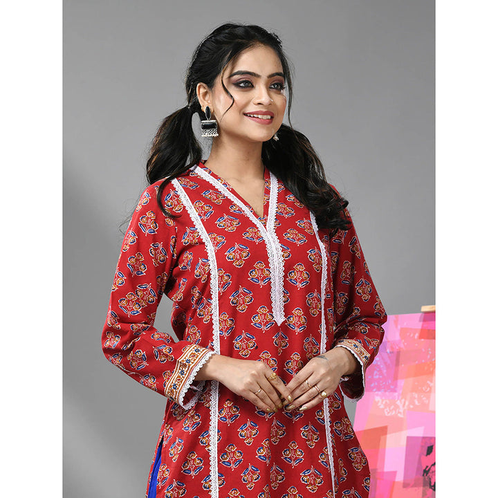 CHARUKRITI Red Cotton Floral Print with Lace Kurta and Pant (Set of 2)