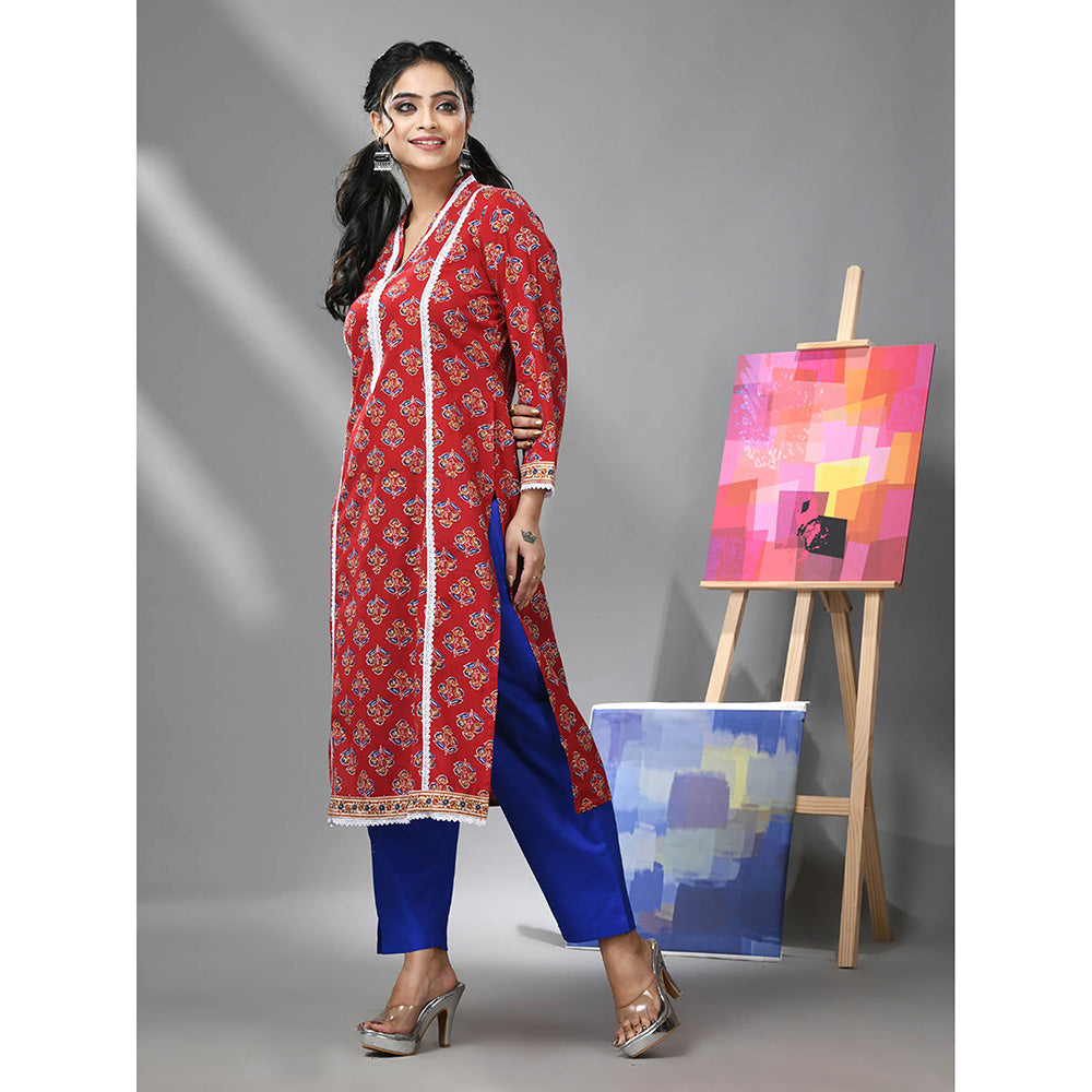 CHARUKRITI Red Cotton Floral Print with Lace Kurta and Pant (Set of 2)