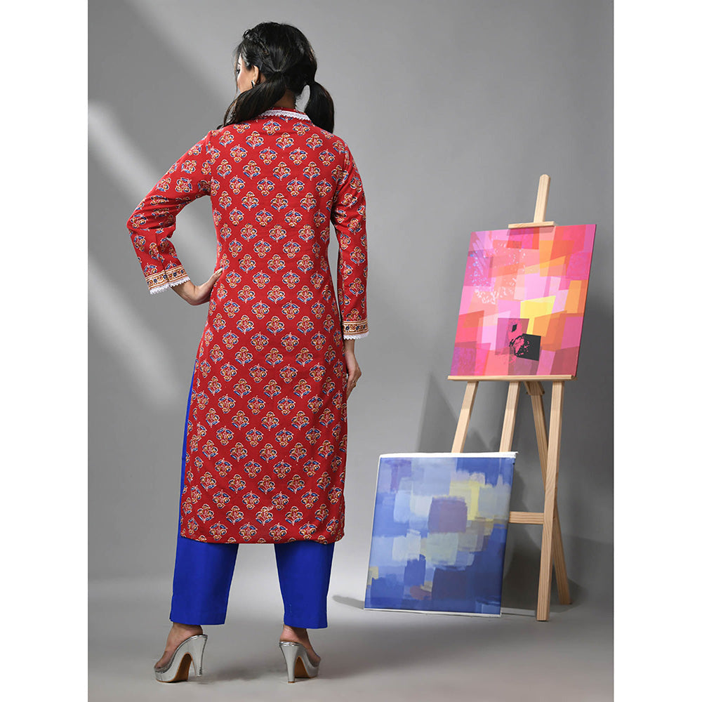 CHARUKRITI Red Cotton Floral Print with Lace Kurta and Pant (Set of 2)