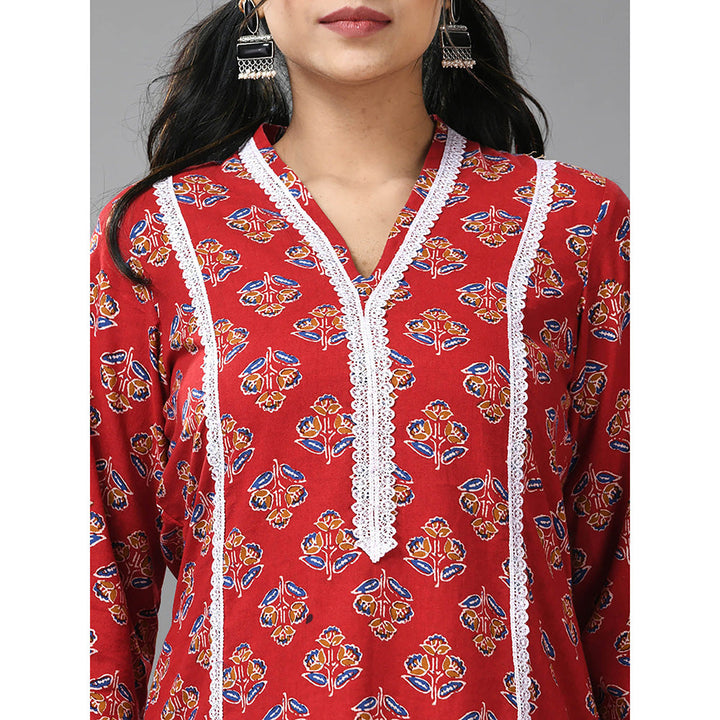 CHARUKRITI Red Cotton Floral Print with Lace Kurta and Pant (Set of 2)