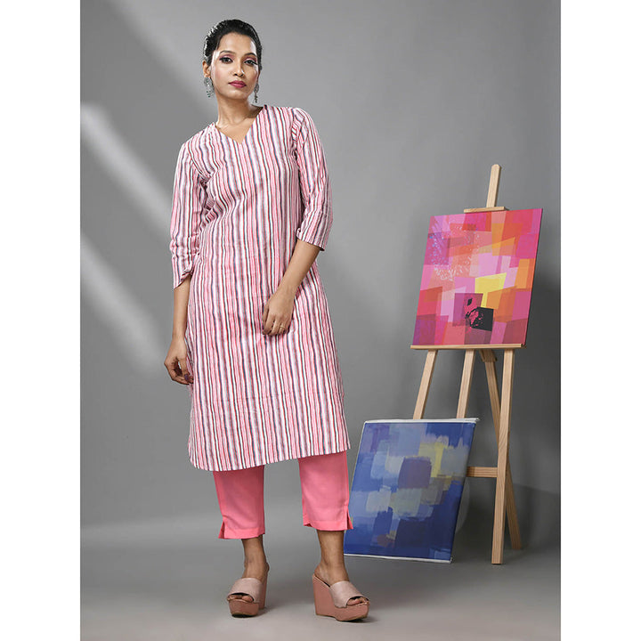 CHARUKRITI White and Pink Striped Kurta with Pant (Set of 2)