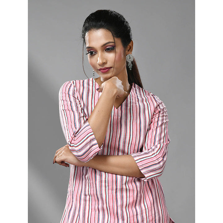 CHARUKRITI White and Pink Striped Kurta with Pant (Set of 2)