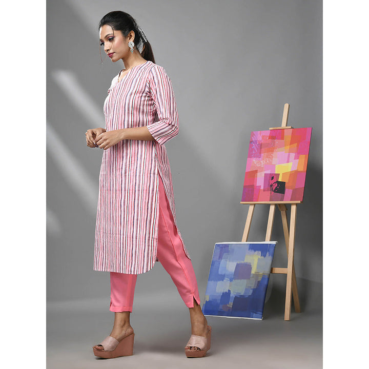 CHARUKRITI White and Pink Striped Kurta with Pant (Set of 2)