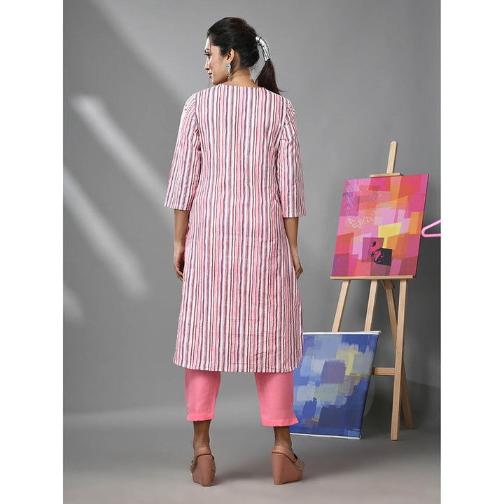 CHARUKRITI White and Pink Striped Kurta with Pant (Set of 2)