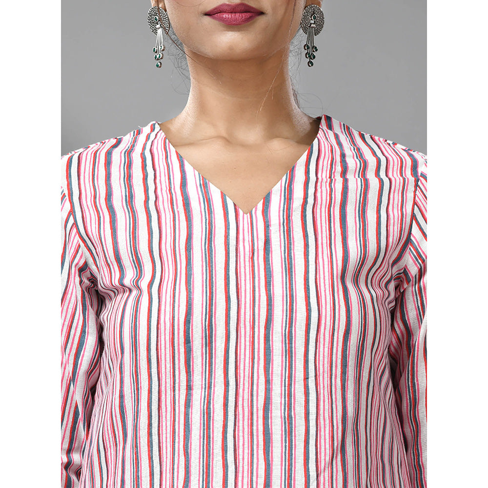 CHARUKRITI White and Pink Striped Kurta with Pant (Set of 2)