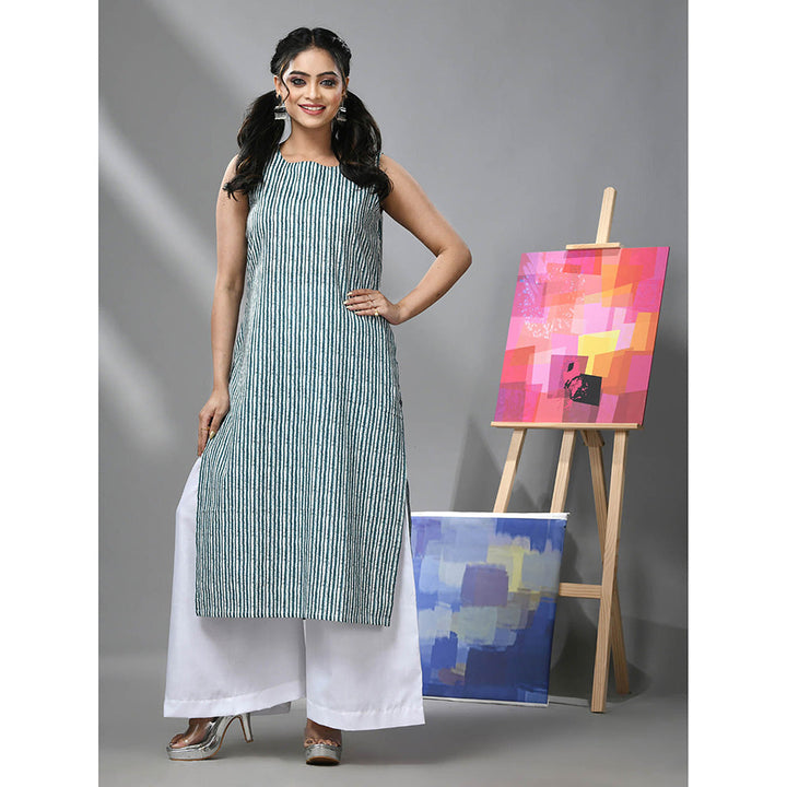 CHARUKRITI White and Teal Striped Sleeveless Kurta and Palazzo (Set of 2)