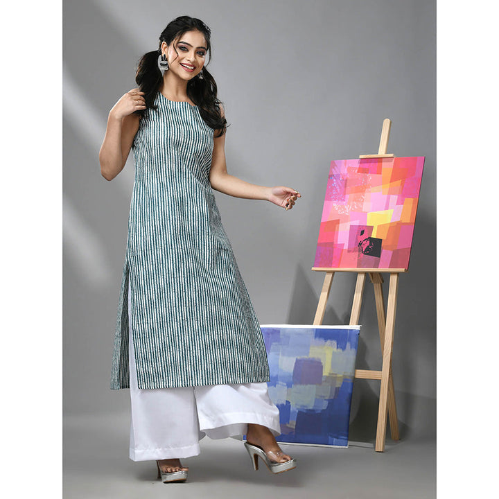 CHARUKRITI White and Teal Striped Sleeveless Kurta and Palazzo (Set of 2)