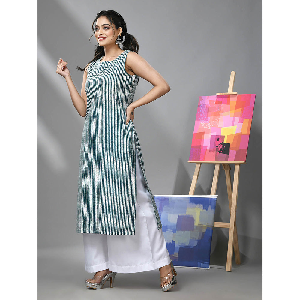 CHARUKRITI White and Teal Striped Sleeveless Kurta and Palazzo (Set of 2)