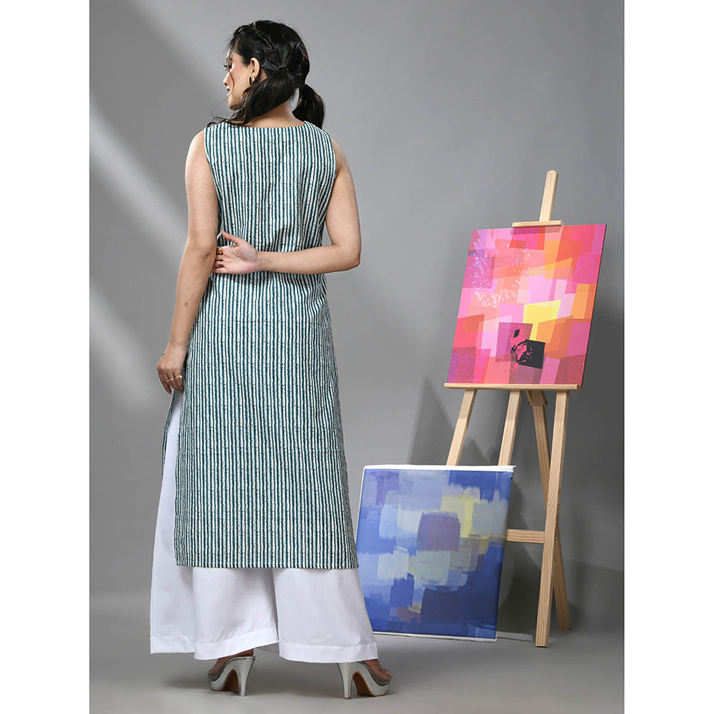 CHARUKRITI White and Teal Striped Sleeveless Kurta and Palazzo (Set of 2)