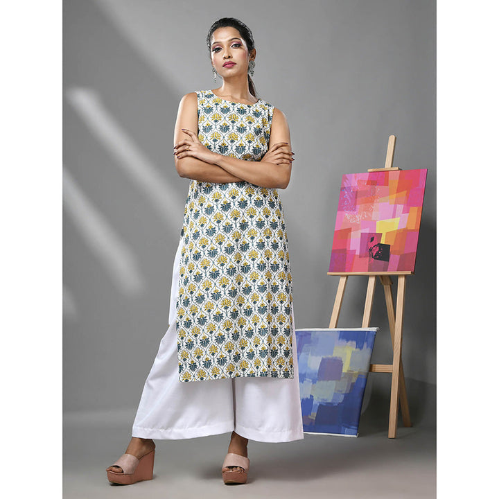 CHARUKRITI White Cotton Floral Printed Sleeveless Kurta and Palazzo (Set of 2)