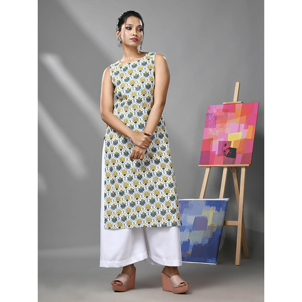 CHARUKRITI White Cotton Floral Printed Sleeveless Kurta and Palazzo (Set of 2)