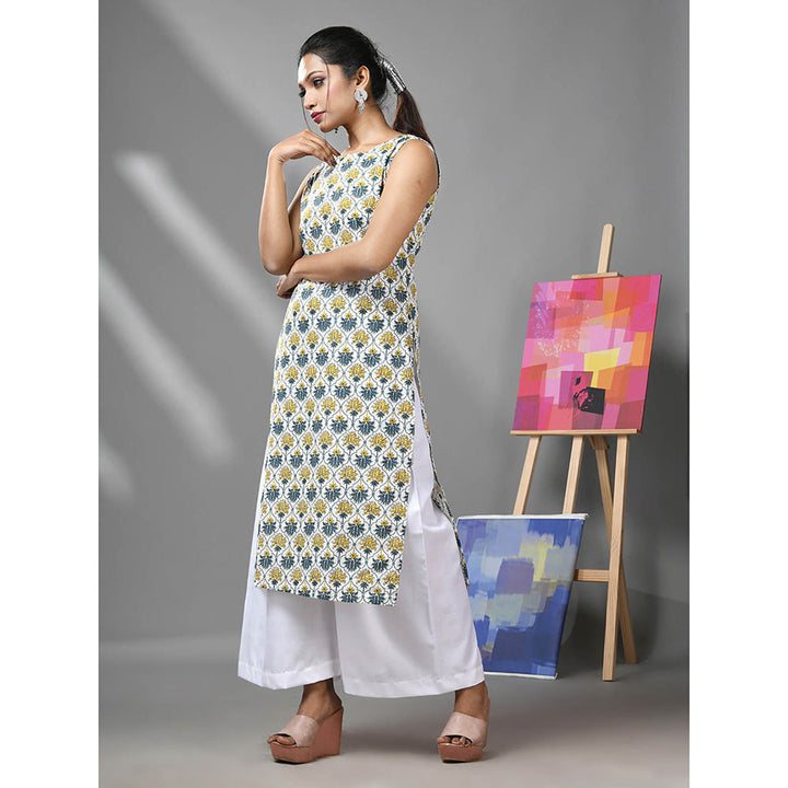 CHARUKRITI White Cotton Floral Printed Sleeveless Kurta and Palazzo (Set of 2)