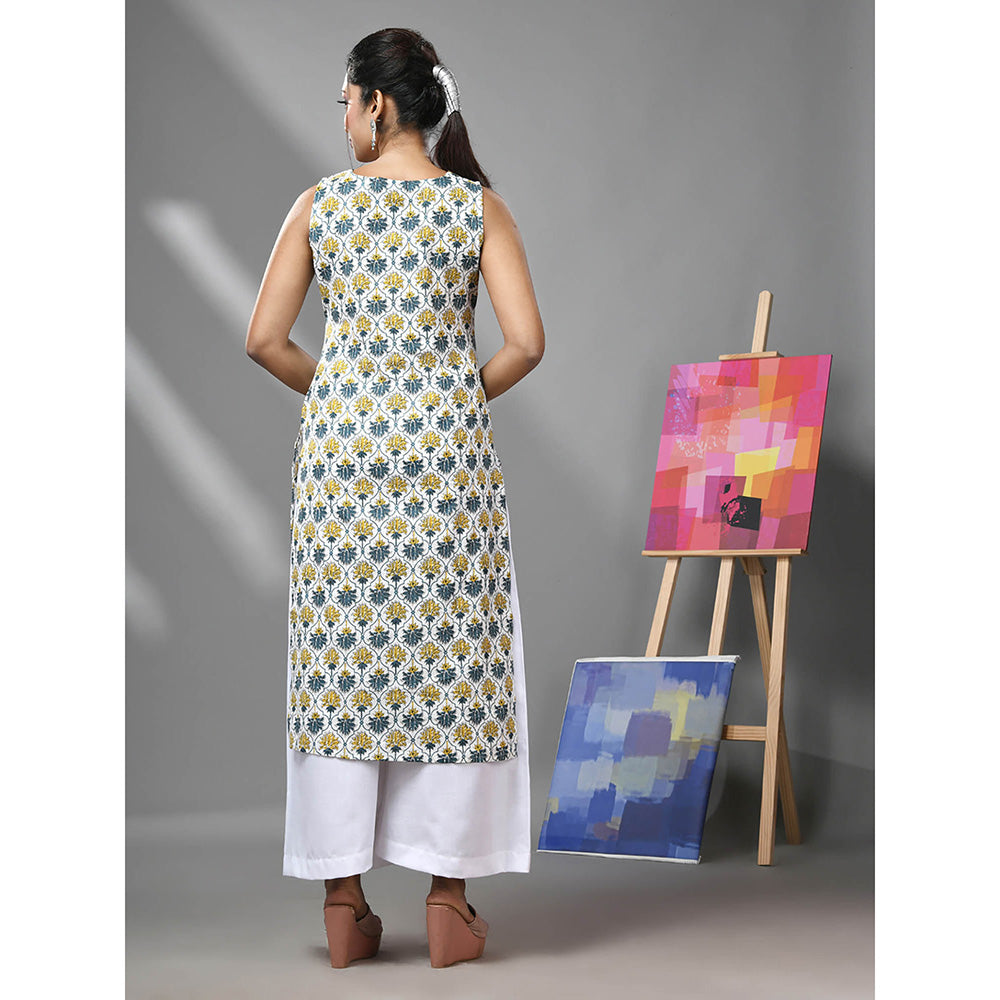 CHARUKRITI White Cotton Floral Printed Sleeveless Kurta and Palazzo (Set of 2)