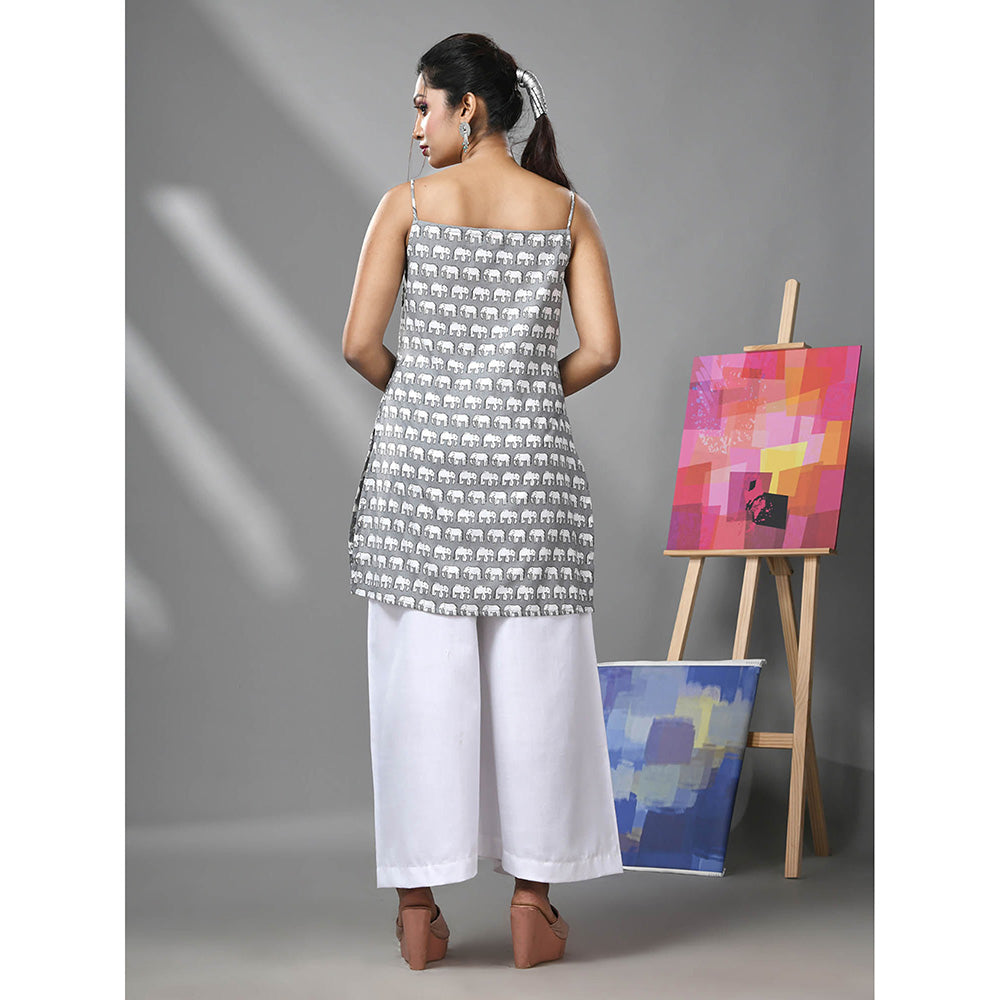 CHARUKRITI Grey Cotton Ethnic Elephant Printed Kurti and Palazzo (Set of 2)