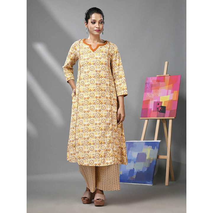 CHARUKRITI White & Mustard Yellow Cotton Ethnic Prints Kurta and Palazzo (Set of 2)