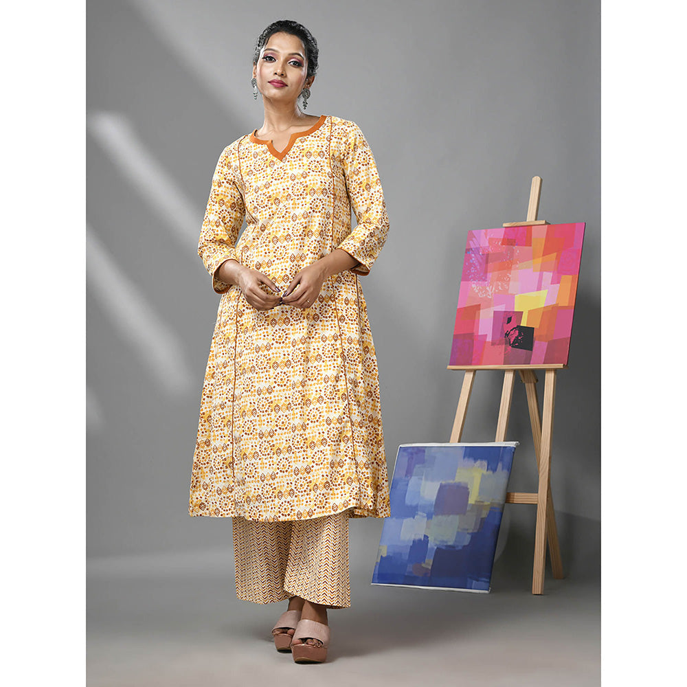 CHARUKRITI White & Mustard Yellow Cotton Ethnic Prints Kurta and Palazzo (Set of 2)