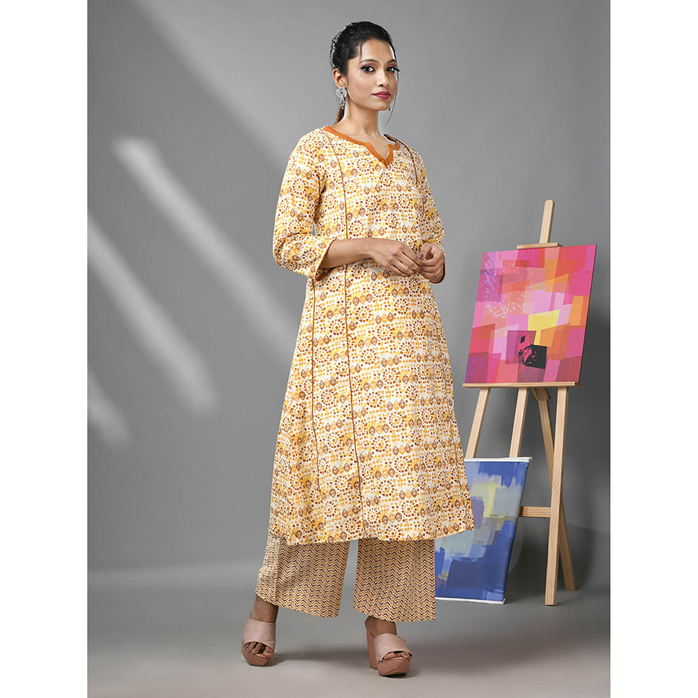 CHARUKRITI White & Mustard Yellow Cotton Ethnic Prints Kurta and Palazzo (Set of 2)