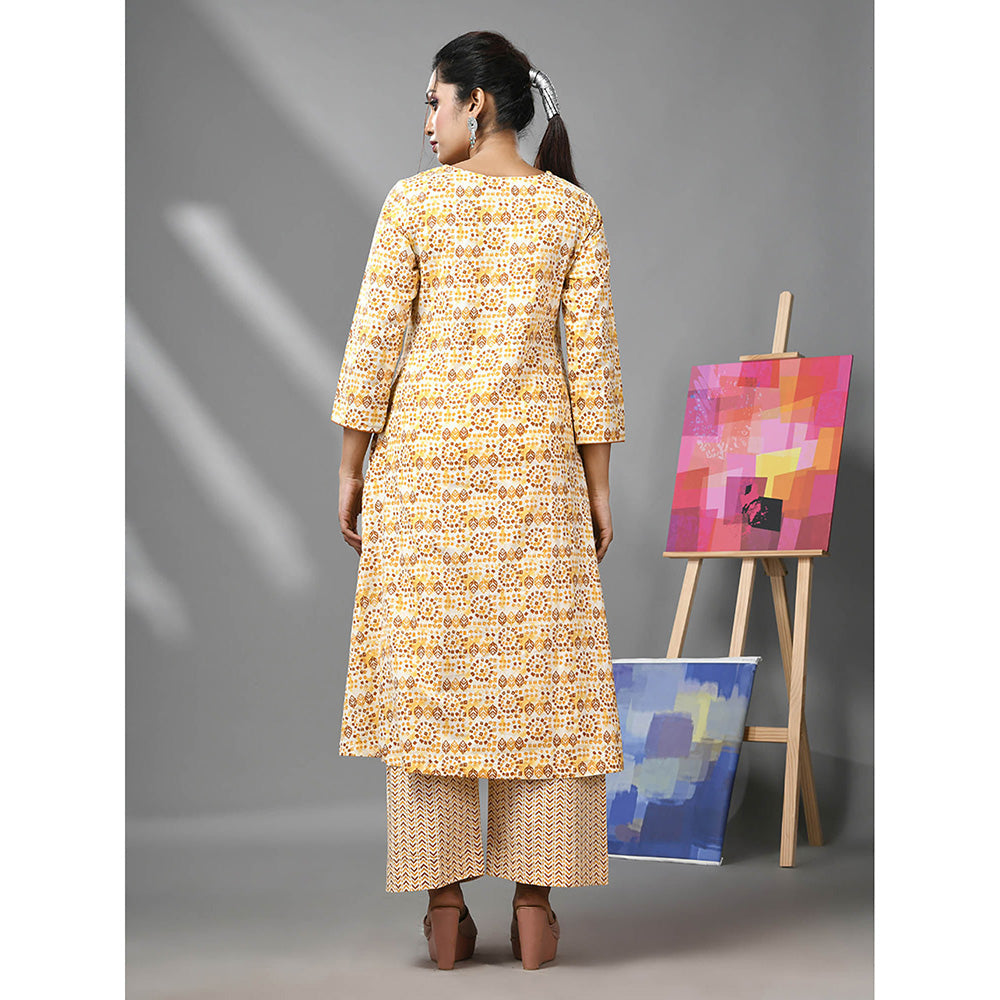 CHARUKRITI White & Mustard Yellow Cotton Ethnic Prints Kurta and Palazzo (Set of 2)