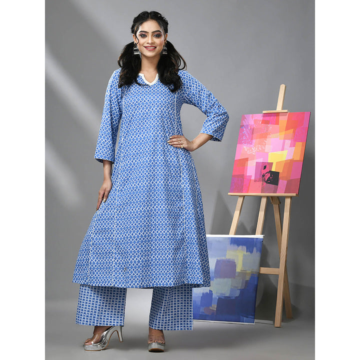 CHARUKRITI Blue Cotton Ethnic Prints Kurta and Palazzo (Set of 2)