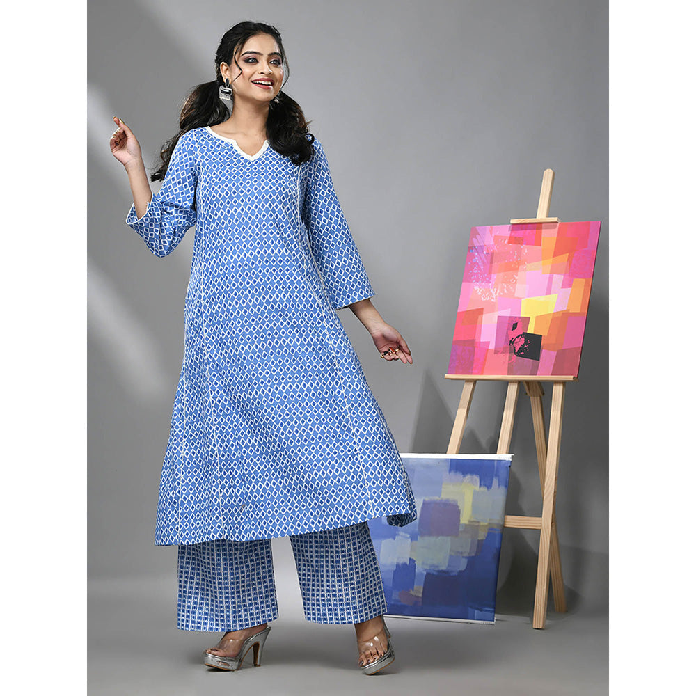 CHARUKRITI Blue Cotton Ethnic Prints Kurta and Palazzo (Set of 2)