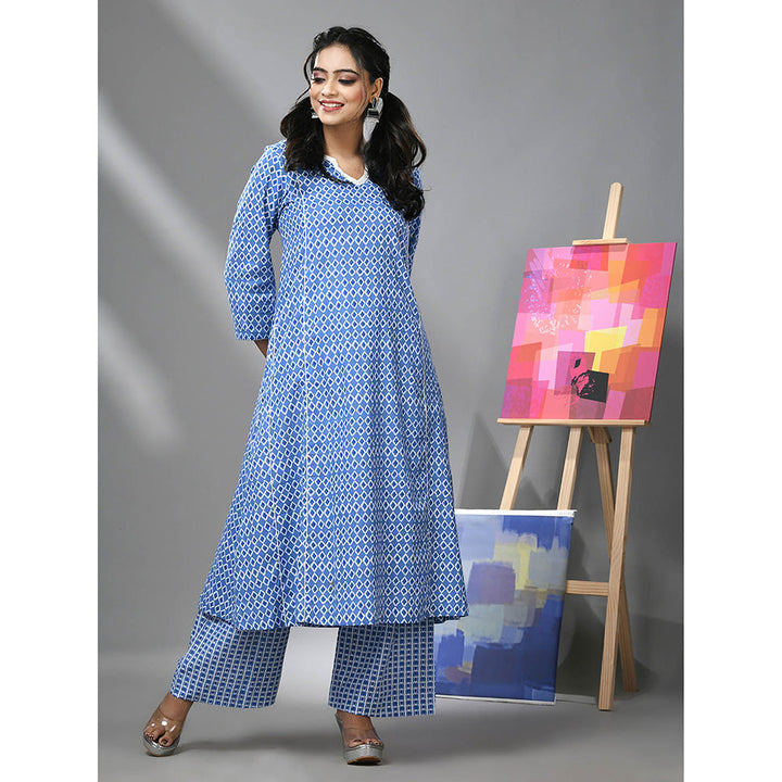 CHARUKRITI Blue Cotton Ethnic Prints Kurta and Palazzo (Set of 2)