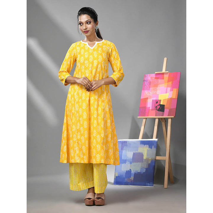 CHARUKRITI Yellow Cotton Ethnic Prints Kurta and Palazzo (Set of 2)